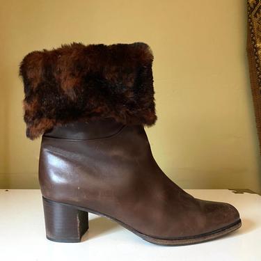 80s BALLY sz 10.5 brown ankle boots  / vintage 1980s soft fur trim fold down mid calf boots high heels shoes rare size 10 10.5 