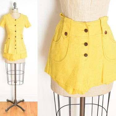 vintage 60s shorts top set yellow outfit high waisted mod shirt blouse XS clothing 