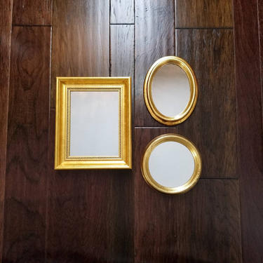 Vintage 70s Gold Frame Mirror Set of Three ~ Mid Century Home Decor Wall Decor ~ Small Gold Gilt Oval, Round, Rectangle Mirror Ensemble 