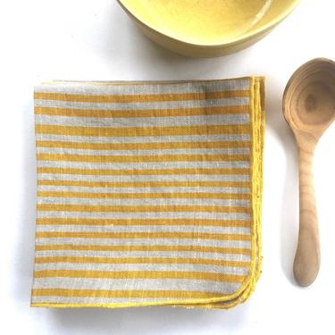 Striped linen napkins, bright yellow printed stripes, cheerful napkins 