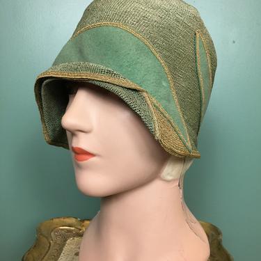 1920s cloche hat, antique hat, flapper hat, celadon green, straw mesh, casual day, vintage hat 