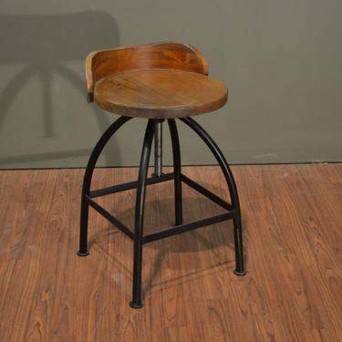 Industrial style Rustic Solid Wood Swivel Stool with back and adjustable height 