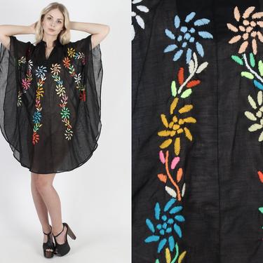 Black Mexican Caftan Beach Party Cover Up Sheer Sun Dress Embroidered Floral Summer Dress Vintage Floral Boho Mini Dress One Size OS 