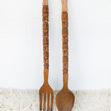 Large Light Stain Vintage Hanging MidCentury Modern Hand Carved Wood Fork and Spoon 