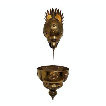 Antique Continental Renaissance Holy Water Font Lavabo Bronze &amp; Brass Palm Frond Architectural Church Element Religious Fountain 