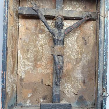 Large Antique 1800's  Nicho Altar Shrine with Crucifix, Cristo Negro on Cross, Hand Made Santos. Vintage Religious Folk Art 