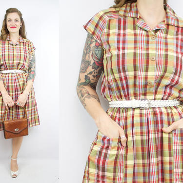 Vintage 70's 80's Fall Plaid Dress / 1970's Cotton Day Dress with Pockets / Fall / Women's Size Medium/Large by Ru