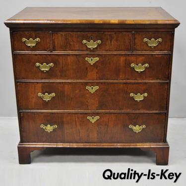 19th Century English Queen Anne Burr Walnut Inlaid 6 Drawer Chest of Drawers
