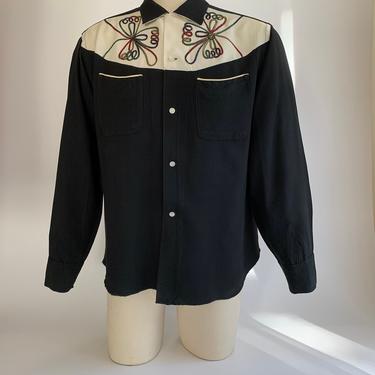 1950'S Western Cowboy Shirt - Two Tone Rayon - Rainbow Chain Stitch Embroidery - WESTERNER by Fleetline - Men's Size Large 