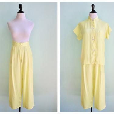 Vintage 1940's Neon Yellow Rayon Satin Pajamas | Size Extra Small 