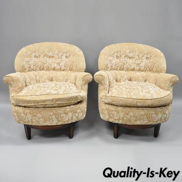 Pair of Edward Wormley Style Upholstered Swivel Barrel Back Club Lounge Chairs