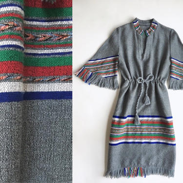 1970s Gray Hippie Boho Woven Fringed Dress 