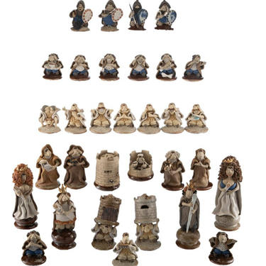 Rare Doug Anderson Early Medieval Hand Sculpted and Painted Chess Set, San Francisco, Circa 1981 