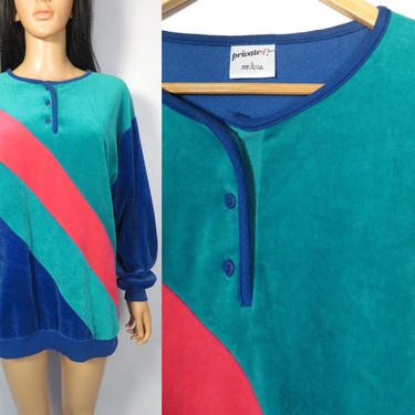Vintage 80s Teal Velour Diagonal Striped Henley Top Made In USA Size L 