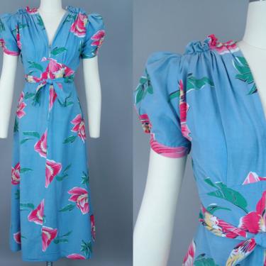 1940s Zip Front Floral Cotton House Dress | Vintage 40s Puff Sleeve Dress with Tie Waist | small / medium 