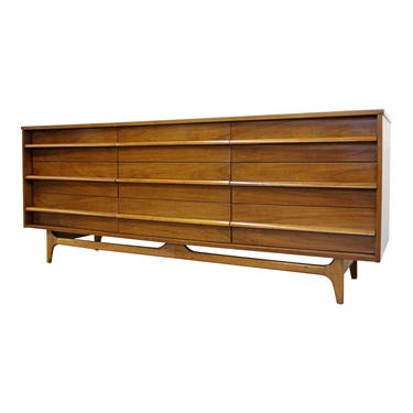 Mid-Century Modern Vintage Credenza Concave Front Walnut Dresser by Young Mfg. Co. 
