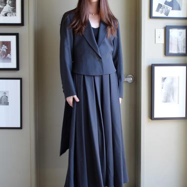 Vintage 80s Claude Montana Wool Maxi Skirt Suit, Asymmetric Peplum Jacket, High Waist Pleated Skirt, 42/8 Women Gray Navy Wool 