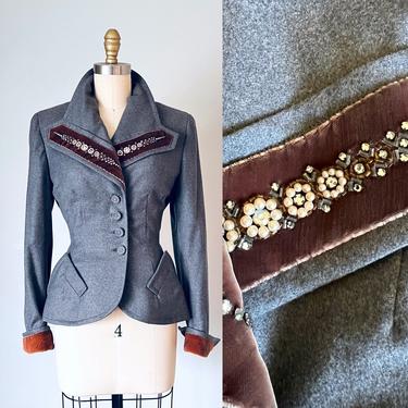 Joan 1940s wool velvet beaded pearl suit jacket, nipped waist gray blazer, vintage clothing, old hollywood wool jacket 