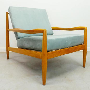 mid century modern Adrian Pearsall Craft Associates 843-C birch framed low lounge chair with grey suede upholstery 