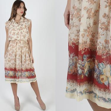 Vintage 70s Thin Floral Dress / Lightweight Sheer Beige Flower Print / Light Thin Secretary Mini / Elastic Waist Orchard Knee Dress 