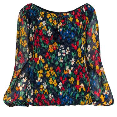 Tory Burch - Navy & Multicolor Floral & Polka Dot Print Pleated Blouse w/ Tassels Sz S