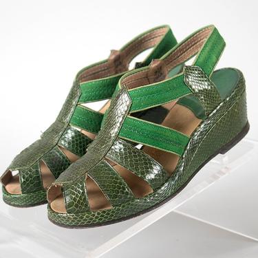 Vintage 1940s Shoes | 40s Green Snakeskin Suede Strappy Cage Peep Toe Wedge Sandals (size 4) 