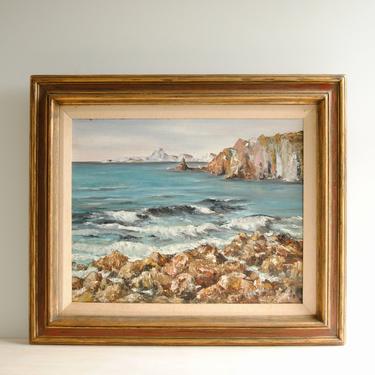 Vintage Ocean Painting of Waves Crashing on Rocks, Original Seascape Painting, Oceanscape Painting, Framed Ocean Painting 