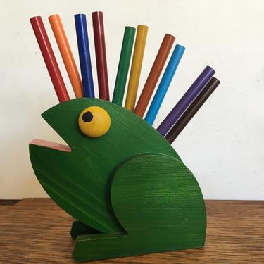 Vintage Wood Frog Pencil Holder, Colored Pencils Holder, Child's Desk Organization, Frog Lovers 
