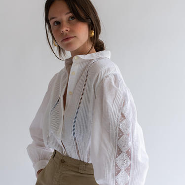 Vintage White Ladder Stripe Lace Poet Blouse | Puff Sleeve Shirt | Romantic Cotton Folk Blouse | M L 