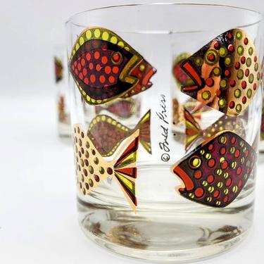 Fred Press Vintage Mid-Century Fish Cocktail Glasses, Very Rare, Whiskey Double Old Fashioned Glasses 