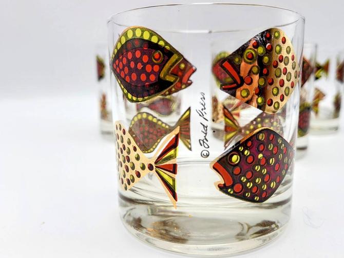 Fred Press Vintage Mid-Century Fish Cocktail Glasses, Very Rare, Whiskey Double Old Fashioned Glasses 