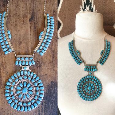 JULIANS WILLIAMS JW Silver &amp; Turquoise Cluster Necklace | Navajo Native American Large Petit Point Pendant | Southwestern Indian Jewelry 