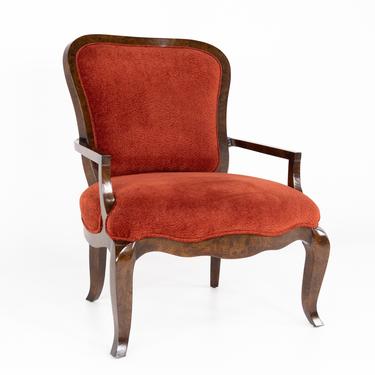 Lucien Rollin for William Switzer Red Upholstered and Burlwood Armchair 