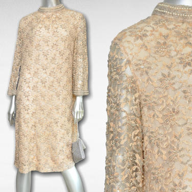 Vintage Champagne Beige Lace and Pearl Beaded Short Evening Gown Dress Made in Hong Kong by Regalia 