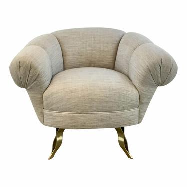 Modern Gray and Brass Channeled Swivel Lounge Chair