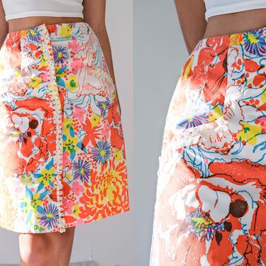 Vintage 60s Lilly Pulitzer Psychedelic High Waisted Mini Skirt w/ White Loop Trim | Go-Go, Mod, Hippie Style | 1960s Designer Boho Skirt 
