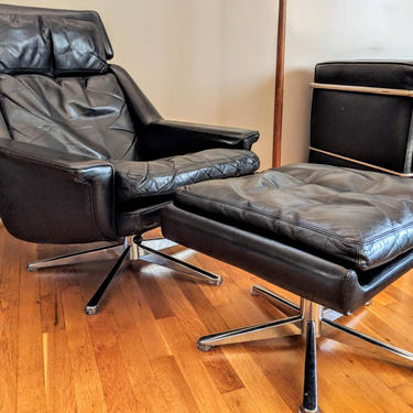 Black Danish Leather Swivel Lounge Chair and Ottoman 