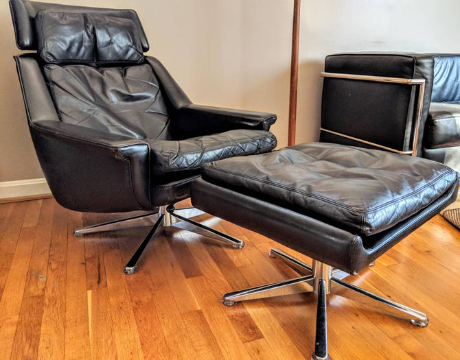 Black Danish Leather Swivel Lounge, Black Leather Swivel Chair With Ottoman