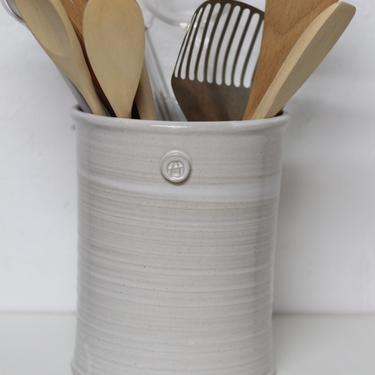 handmade utensil holder, white utensil holder, ceramic utensil holder, wedding gift, kitchen crock, storage jar, utensil caddy 