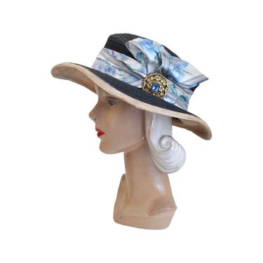 Edwardian Straw Hat with Silk Ribbon & Brooch Detail - Edwardian Women's Hat - Edwardian Navy Blue Straw Hat - 1910s Hat - 1900s Hat 