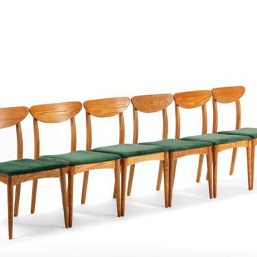 Heywood Wakefield Dining Chairs in Oak & Green Velvet - A Set of 6 