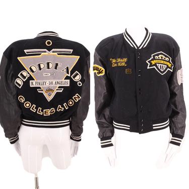 90s Novelty black leather varsity jacket S / vintage 1990s Drop Dead Los Angeles streetwear club kid bomber small 80s 