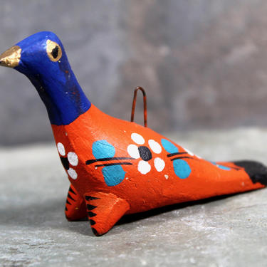 Vintage Tonala Mexican Folk Art Ornament - Clay Bird with Floral Plumage - Hand Painted Folk Art Mexico  | FREE SHIPPING 