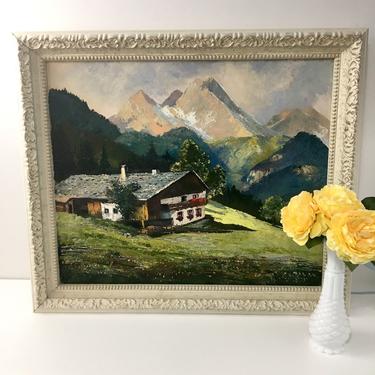 Alpine chalet painting - vintage 1960s European mountain landscape - Hollywood Recency frame 