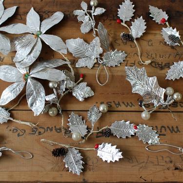 Vintage silver paper poinsettias and holly - retro 1950s Christmas flower collection - mixed flower assortment - Christmas decor 