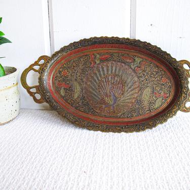 Enameled Solid Distressed Vintage  Brass Metal Tray with Peacock and Scroll Design 