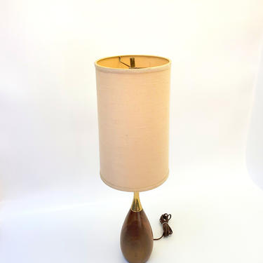 Mid Century Modern Black Walnut Table Lamp Brass With Tall Shade Tear Drop Wood Tall Slender Light End Table Nightstand Entryway Lighting 