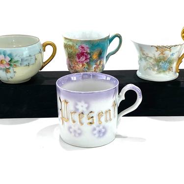 Antique Hand Painted Tea Coffee Cups T &amp; V France Present Florals Pink Gold Blue and Purple FREE shipping 