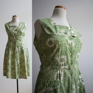 Vintage 1950s Shirt Dress / 1950s Green Floral Dress / 1950s Cocktail Dress / 50s Cotton Shirt Dress / Vintage Green Floral Dress Medium 