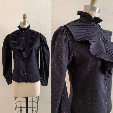 vintage 80's polka dot ruffle neck blouse //  polka dot top 